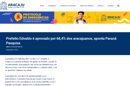 Prefeitura Municipal de Aracaju cita pesquisa realizada pela Paraná Pesquisas.