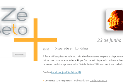 Blog Zé Beto cita pesquisa realizada pela Paraná Pesquisas.