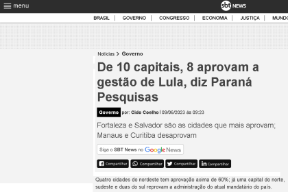 SBT News cita pesquisa realizada pela Paraná Pesquisas.
