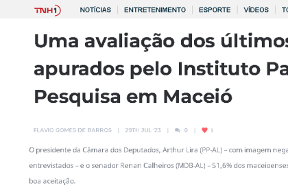 Blog TNH1 cita pesquisa realizada pela Paraná Pesquisas.