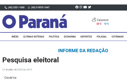 O Paraná cita pesquisa realizada pela Paraná Pesquisas.
