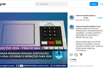 Rádio Metropolitana Piracicaba cita pesquisa realizada pela Paraná Pesquisas.