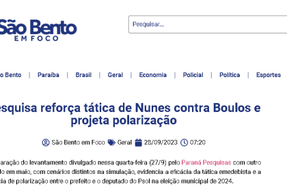 São Bento em Foco cita pesquisa realizada pela Paraná Pesquisas.