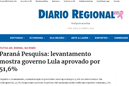 Diário Regional cita pesquisa realizada pela Paraná Pesquisas.