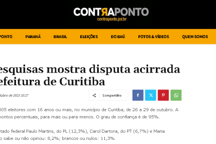 Contra Ponto cita pesquisa realizada pela Paraná Pesquisas.