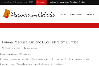 Paçoca com Cebola cita pesquisa realizada pela Paraná Pesquisas.