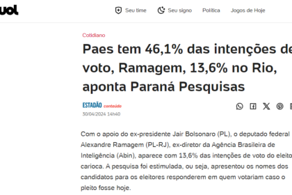 Notícias UOL cita pesquisa realizada pela Paraná Pesquisas em Rio de Janeiro.