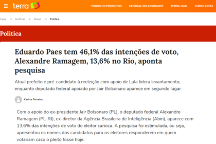 Terra cita pesquisa realizada pela Paraná Pesquisas em Rio de Janeiro.