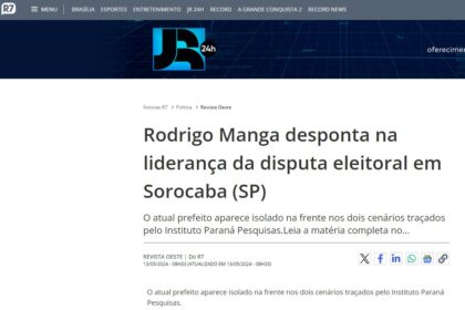 Notícias R7 cita pesquisa realizada pela Paraná Pesquisas em Sorocaba.