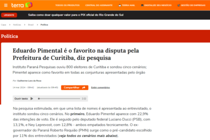 Portal Terra cita pesquisa realizada pela Paraná Pesquisas em Curitiba.