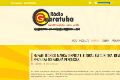 Rádio Guaratuba cita pesquisa realizada pela Paraná Pesquisas em Curitiba.