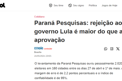 Notícias UOL cita pesquisa realizada pela Paraná Pesquisas.