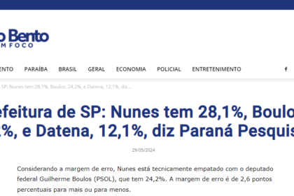 São Bento em Foco cita pesquisa realizada pela Paraná Pesquisas em São Paulo.