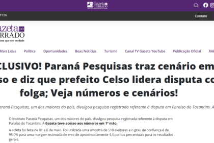 Gazeta do Cerrado cita pesquisa realizada pela Paraná Pesquisas em Paraíso do Tocantins.