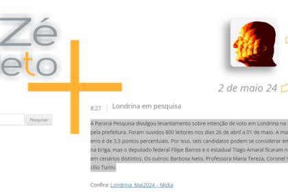 Blog Zé Beto cita pesquisa realizada pela Paraná Pesquisas em Londrina.