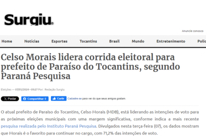 Portal Surgiu cita pesquisa realizada pela Paraná Pesquisas em Paraíso do Tocantins.