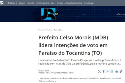 Notícias R7 cita pesquisa realizada pela Paraná Pesquisas em Paraíso do Tocantins.