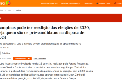 Portal Terra cita pesquisa realizada pela Paraná Pesquisas em Campinas.