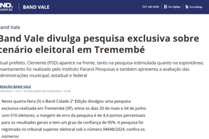 Band Vale cita pesquisa realizada pela Paraná Pesquisas em Tremembé.