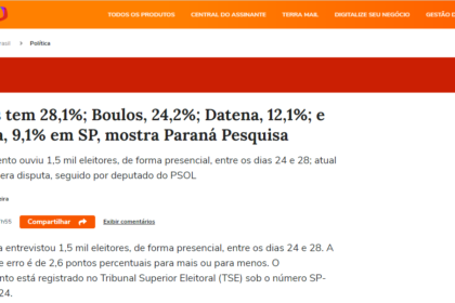 Portal Terra cita pesquisa realizada pela Paraná Pesquisas em São Paulo.