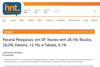 HNT cita pesquisa realizada pela Paraná Pesquisas em São Paulo.