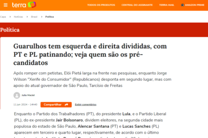 Portal Terra cita pesquisa realizada pela Paraná Pesquisas em Guarulhos.