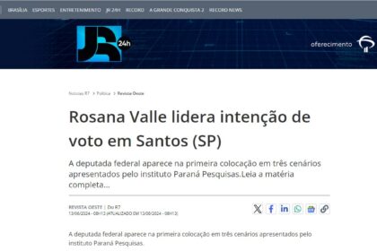 Notícias R7 cita pesquisa realizada pela Paraná Pesquisas em Santos.