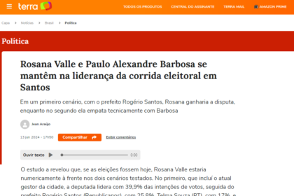 Portal Terra cita pesquisa realizada pela Paraná Pesquisas em Santos.