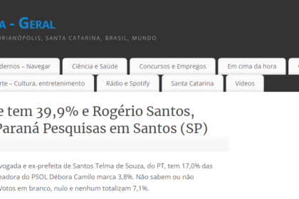 Jornal Floripa cita pesquisa realizada pela Paraná Pesquisas em Santos.