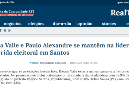 Real Time 1 cita pesquisa realizada pela Paraná Pesquisas em Santos.