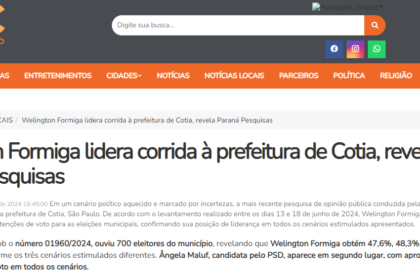 Jornal Impacto Cotia cita pesquisa realizada pela Paraná Pesquisas em Cotia.