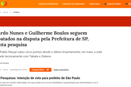 Portal Terra cita pesquisa realizada pela Paraná Pesquisas em São Paulo.