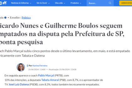 Estadão cita pesquisa realizada pela Paraná Pesquisas em São Paulo.