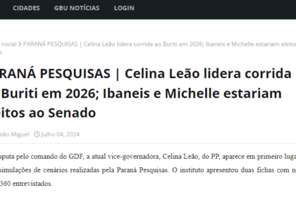 Blog do GBU cita pesquisa realizada pela Paraná Pesquisas no Distrito Federal.