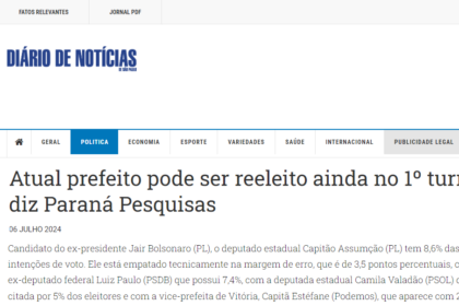 Diário de Notícias cita pesquisa realizada pela Paraná Pesquisas em Vitória.