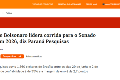 Portal Terra cita pesquisa realizada pela Paraná Pesquisas no Distrito Federal.