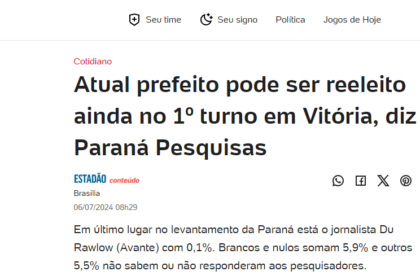 UOL Notícias cita pesquisa realizada pela Paraná Pesquisas em Vitória.