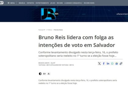 Notícias R7 cita pesquisa realizada pela Paraná Pesquisas em Salvador.