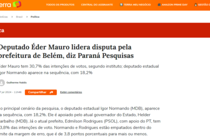 Portal Terra cita pesquisa realizada pela Paraná Pesquisa em Belém.