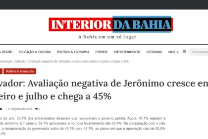 Interior da Bahia cita pesquisa realizada pela Paraná Pesquisa em Salvador.