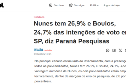 UOL Notícias cita pesquisa realizada pela Paraná Pesquisas em São Paulo.