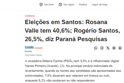 UOL Notícias cita pesquisa realizada pela Paraná Pesquisas em Santos.