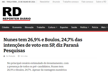 Repórter Diário cita pesquisa realizada pela Paraná Pesquisas em São Paulo.