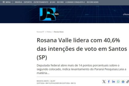 Notícias R7 cita pesquisa realizada pela Paraná Pesquisas em Santos.