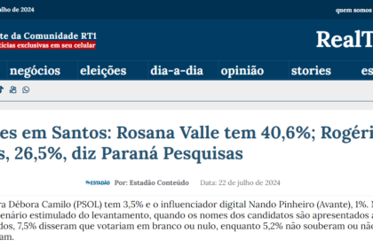 Real Time 1 cita pesquisa realizada pela Paraná Pesquisas em Santos.