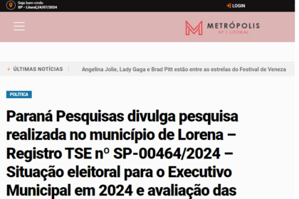 Jornal Metrópolis cita pesquisa realizada pela Paraná Pesquisas em Lorena.
