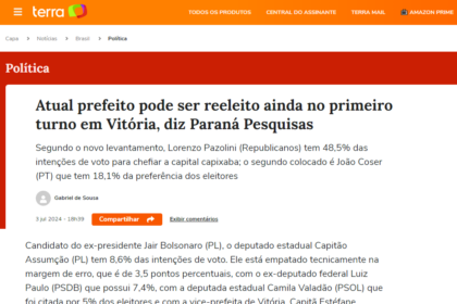 Portal Terra cita pesquisa realizada pela Paraná Pesquisas em Vitória.
