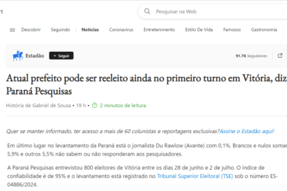 MSN cita pesquisa realizada pela Paraná Pesquisas em Vitória.