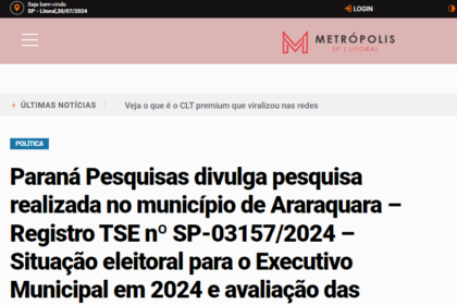 Metropólis cita pesquisa realizada pela Paraná Pesquisas em Araraquara.