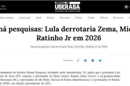 Jornal de Uberaba cita pesquisa realizada pela Paraná Pesquisas.
